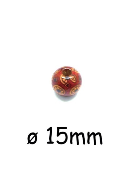 Perle ronde en bois motif rosace 15mm
