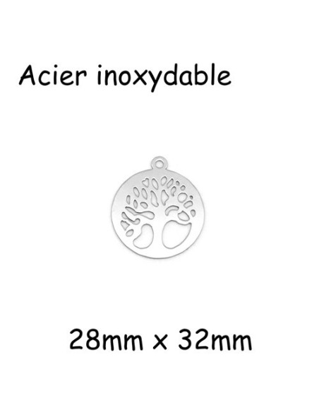 Pendentif rond arbre de vie en acier inoxydable argenté