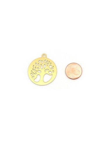 Grand Pendentif rond arbre de vie doré en acier inox