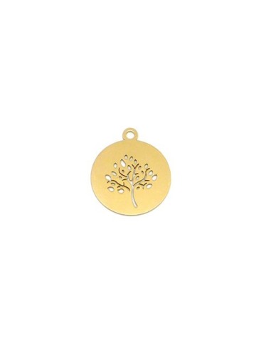 Pendentif rond arbre de vie en acier inox doré