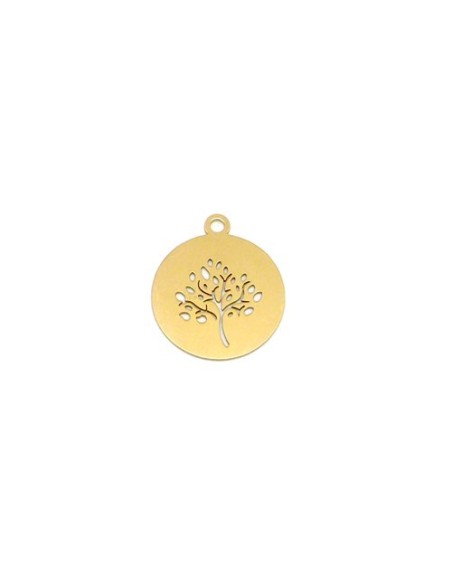 Pendentif rond arbre de vie en acier inox doré