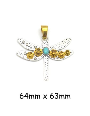 Grand pendentif libellule en métal argenté avec fleurs dorées et pierre bleu turquoise