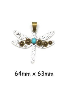 Grand pendentif en métal argenté libellule avec fleurs bronze et pierre bleu turquoise