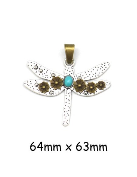 Grand pendentif en métal argenté libellule avec fleurs bronze et pierre bleu turquoise Grand pendentif en métal argenté libellule avec fleurs bronze et pierre bleu turquoise