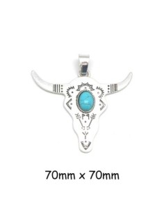 Pendentif tête de taureau en métal argenté gravé ethnique et pierre bleu turquoise