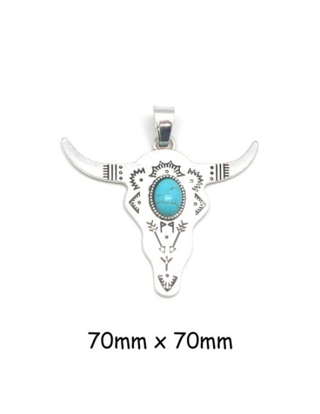 Pendentif tête de taureau en métal argenté gravé ethnique et pierre bleu turquoise Pendentif tête de taureau en métal argenté gravé ethnique et pierre bleu turquoise