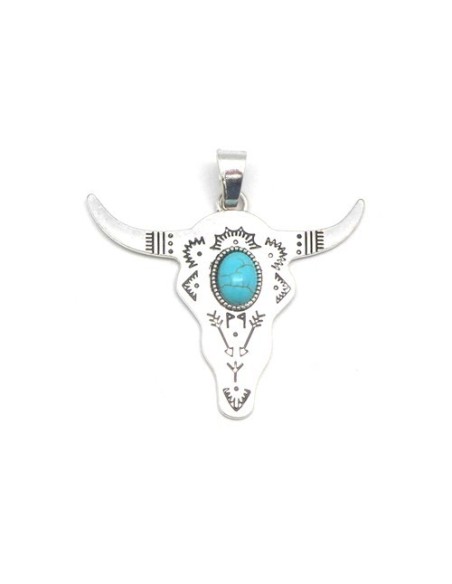 Grand Pendentif tête de buffle argenté style ethnique Grand Pendentif tête de buffle argenté style ethnique