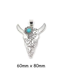 Grand breloque tête de buffle avec fleur en métal argenté et pierre bleu turquoise