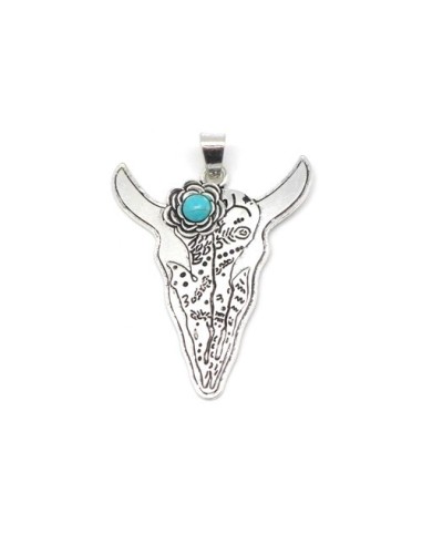 Pendentif tête de buffle en métal argenté et perle bleu turquoise