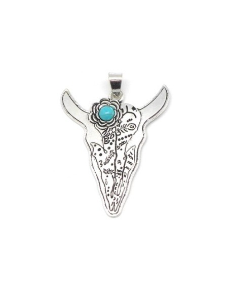 Pendentif tête de buffle en métal argenté et perle bleu turquoise Pendentif tête de buffle en métal argenté et perle bleu turquoise