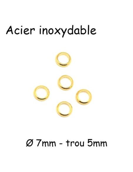 Perle rondelle 7mm à gros trou acier inoxydable doré