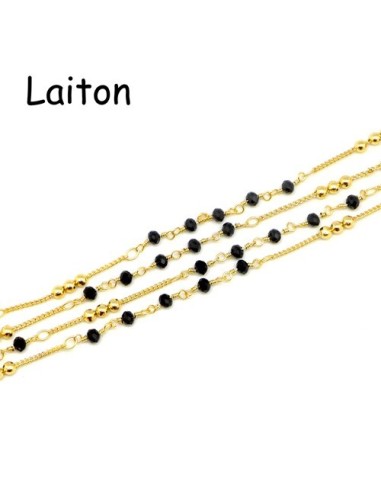 chaîne fine en laiton doré avec perles noires et billes dorées