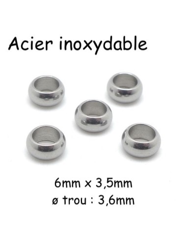 Perle ronde 6mm en acier inoxydable argenté à gros trou de 3,6mm - rondelle 6mmx3,5mm