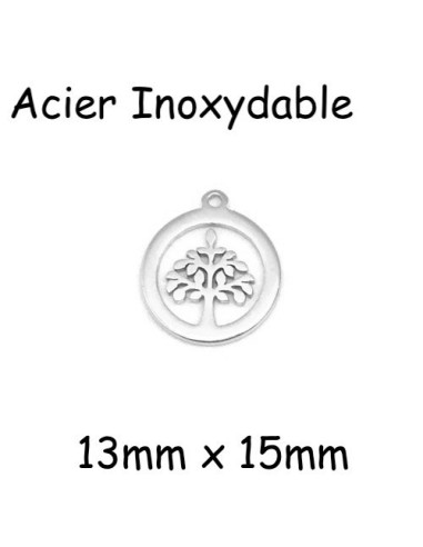 Mini pendentifs arbre de vie en acier inoxydable argenté - 13mm x 15mm - sequin arbre de vie