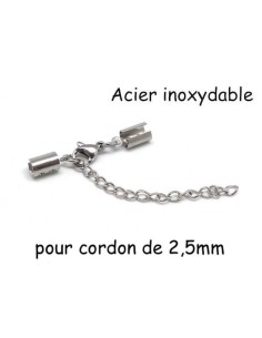 Fermoir serre fil argenté en acier inox pour cordon de 2,5mm