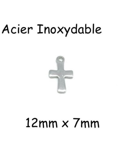 Breloque croix argenté en acier inoxydable 12mm x 7mm