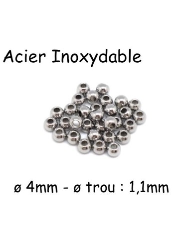 Perle ronde 4mm argenté en acier inoxydable pour cordon de 1mm