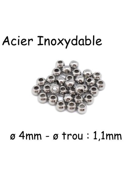 Perle ronde 4mm argenté en acier inoxydable pour cordon de 1mm