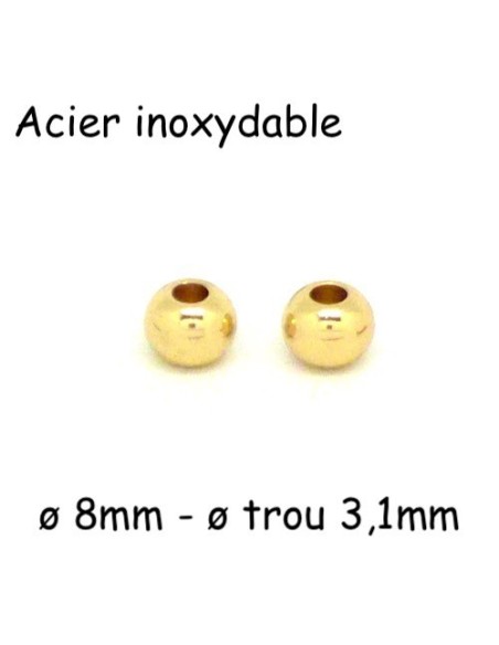 Perle ronde doré 8mm à gros trou en acier inoxydable pour cordon de 3mm