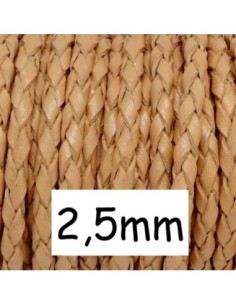 Cordon cuir tressé rond 2,5mm marron naturel, beige