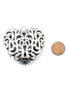 Grand Pendentif coeur argenté en métal ajouré 50mm 2