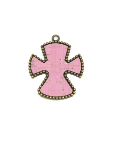 Pendentif croix en métal de couleur bronze avec liège incrusté rose pour création DIY