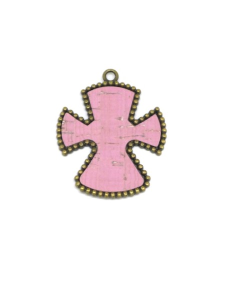 Pendentif croix en métal de couleur bronze avec liège incrusté rose pour création DIY