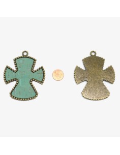 Pendentif croix en métal de couleur bronze avec liège incrusté vert 2
