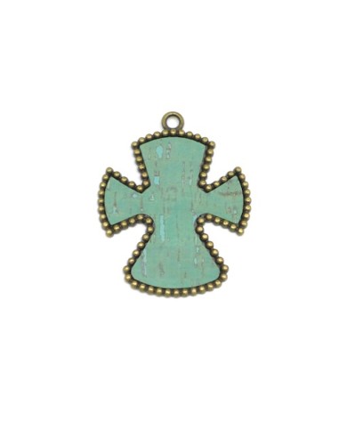 Pendentif croix en métal de couleur bronze avec liège incrusté vert pour création DIY