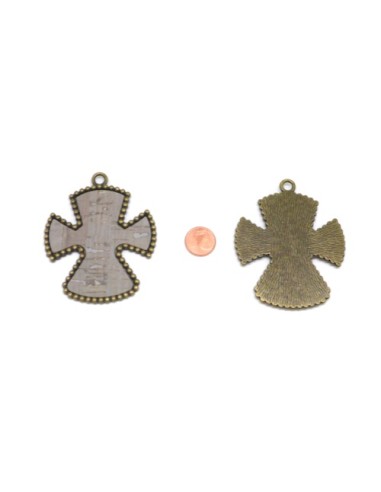 Grand Pendentif croix bronze avec liège incrusté gris