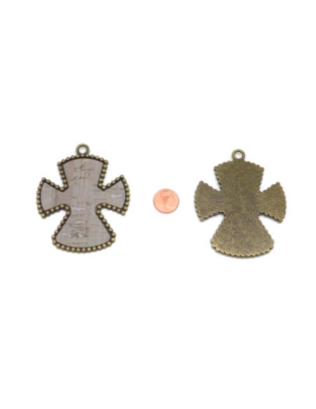 Grand Pendentif croix bronze avec liège incrusté gris