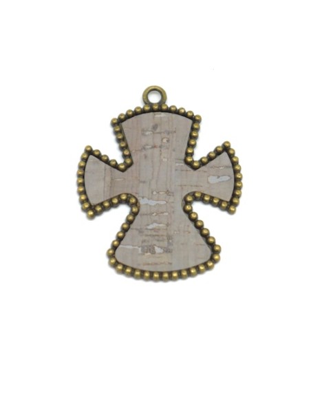 Grand pendentif croix gris et bronze en métal et liège 72x60mm