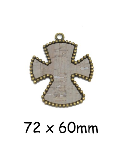 Pendentif croix en métal de couleur bronze avec liège incrusté gris