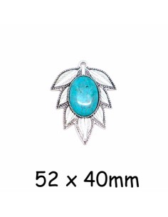 Pendentif feuille argenté avec cabochon ovale bleu turquoise