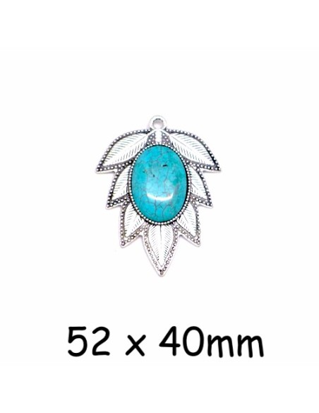 Pendentif feuille argenté avec cabochon ovale bleu turquoise