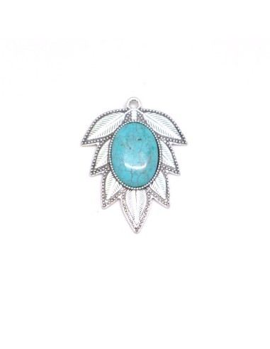 Grand pendentif feuille argenté avec cabochon bleu turquoise pour c création