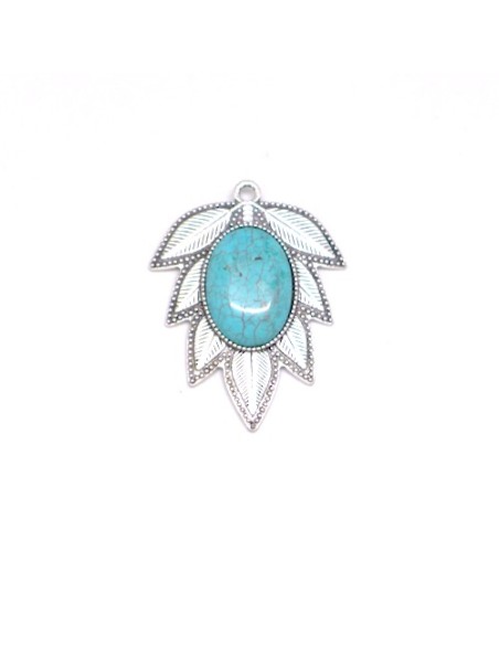 Grand pendentif feuille argenté avec cabochon bleu turquoise pour c création