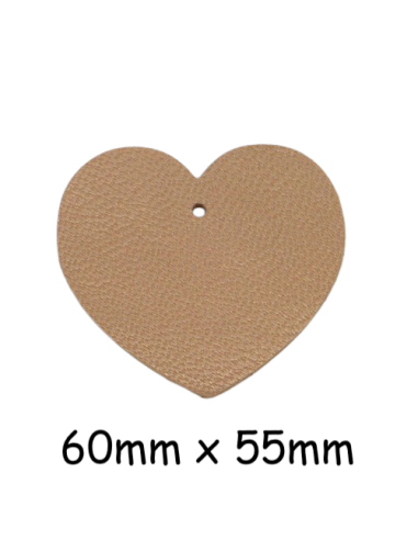Grand Pendentif coeur en cuir beige sépia souple 6cm