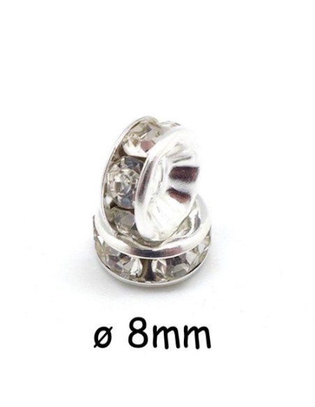 Perle intercalaire rondelle argenté à strass 8mm