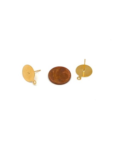 Boucle oreille puce disque 12mm avec anneau acier inox dore