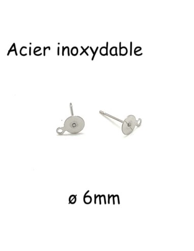 Plateau puce de boucles d'oreilles en acier inoxydable argenté disque 6mm avec anneau