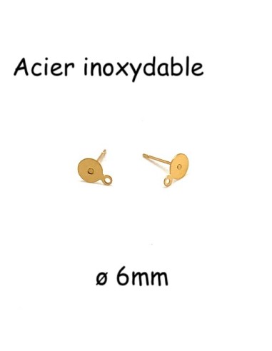 Puce de boucles d'oreilles en acier inoxydable doré disque 6mm avec anneau