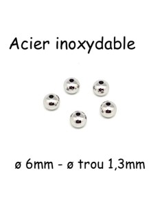 Perle ronde argenté 6mm en acier inox pour cordon de 1mm