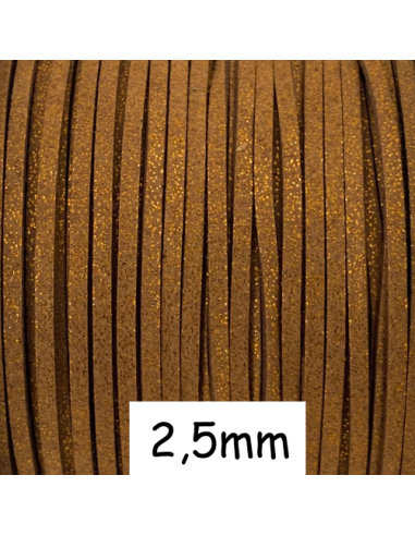 Cordon plat daim synthétique de couleur marron pailleté 2,5mm