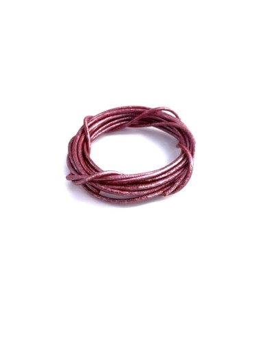 Lacet cuir rond 2mm rouge bordeaux métallisé argenté