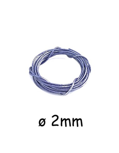 Lacet cuir rond 2mm bleu lavande métallisé argenté pour création DIY