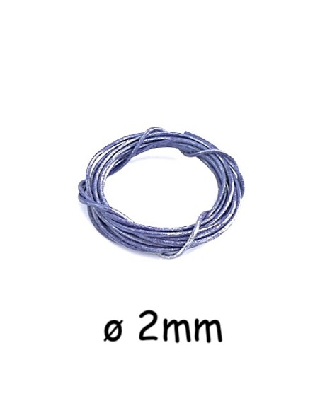 Lacet cuir rond 2mm bleu lavande métallisé argenté pour création DIY
