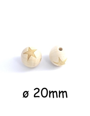 Perle bois ronde 20mm motif étoile pour création DIY