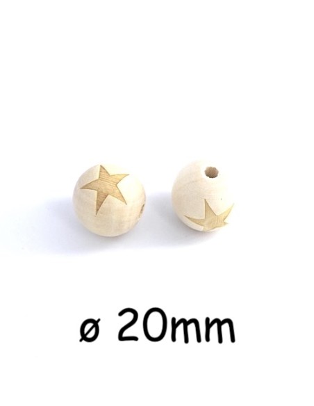 Perle bois ronde 20mm motif étoile pour création DIY Perle bois ronde 20mm motif étoile pour création DIY