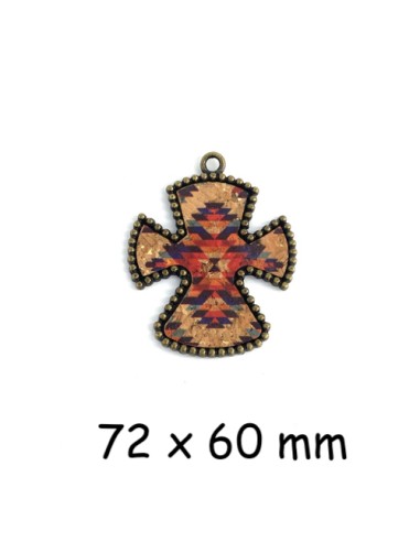 Pendentif croix bronze avec liège multicolore effet doré